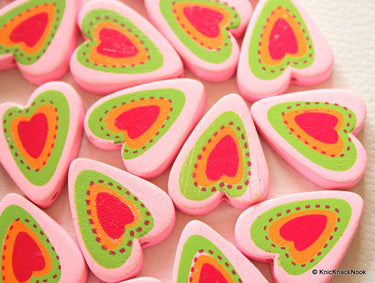 Pink, Green, Orange And Red Heart Wood Beads x 5